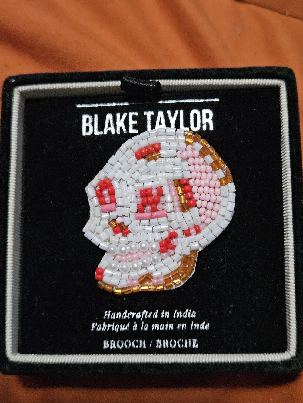 Nib Blake Taylor Pink & White Beaded Skull Brooch